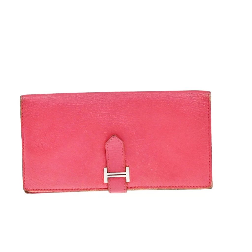 Hermes Logo Bearn Long Bifold Wallet Chevre Leather Pink France